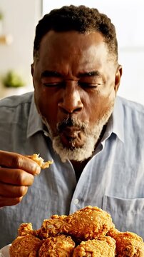 Elderly man enjoying fried chicken in a cozy kitchen setting
