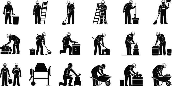 Construction and maintenance worker silhouettes set performing cleaning painting masonry tasks, industrial labor activities collection, black vector icons isolated