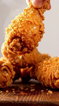Hand holding crispy fried chicken drumstick on wooden table