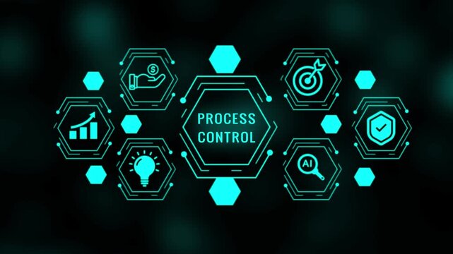 Digital schematic of process control featuring interconnected teal hexagons with for finance growth AI security and strategy on a dark bokeh background Keywords: technology, network, digital