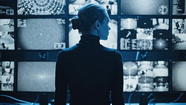 A security guard monitors multiple screens in a control room at night for surveillance and safety