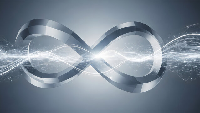 Abstract Metallic Infinity Symbol with Glowing Digital Data Waves Representing Continuous Integration and Infinite Potential