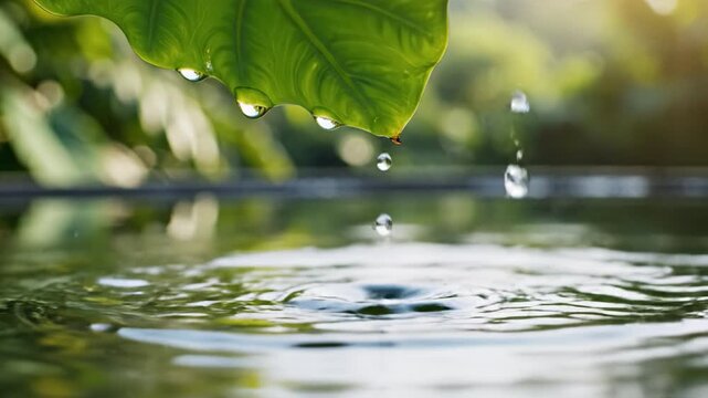 Closeup leaf water drop nature green reflection ripple summer sunlight freshness tranquility gently capture delicate water drop falling from green leaf creating ripple calm reflective serene splash