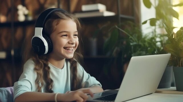 A joyful young girl wearing white headphones laughs brightly while engaging with a laptop at home.