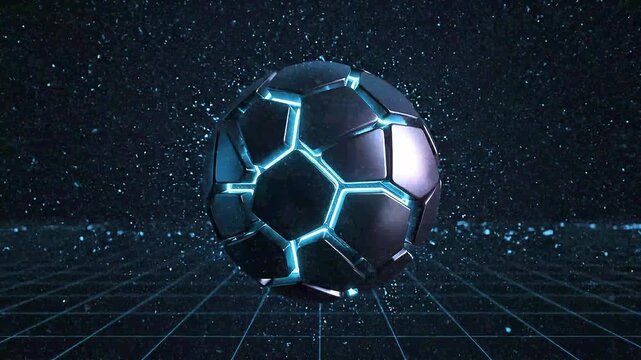 A futuristic soccer ball glows with neon blue lines on a dark grid surface surrounded by stars in space.