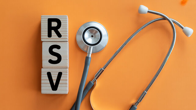 Stacked wooden blocks spelling RSV next to a medical stethoscope on an orange background for respiratory illness