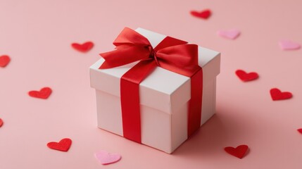 Charming Gift Box with Red Ribbon Surrounded by Colorful Heart-Shaped Confetti on a Soft Pink Background, Perfect for Celebrations and Special Occasions