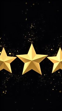Three golden stars on a black background with sparkling effects