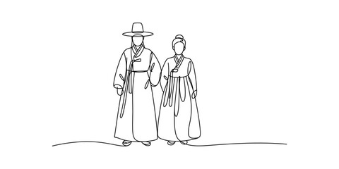 A continuous line art drawing of a traditional korean couple wearing hanbok on a white background Vector, illustration