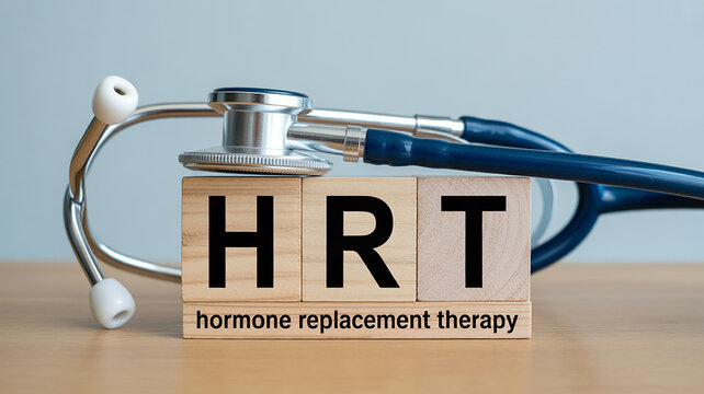 Wooden blocks spelling HRT with a stethoscope and text hormone replacement therapy on a wooden table surface