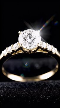 Elegant diamond ring with sparkling gemstones on black background