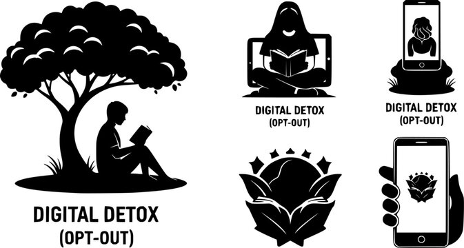 Digital Detox and Opt-Out Era Silhouette of Person Reading Book in Nature, Mindful Lifestyle and Mental Health Awareness Vector Graphic