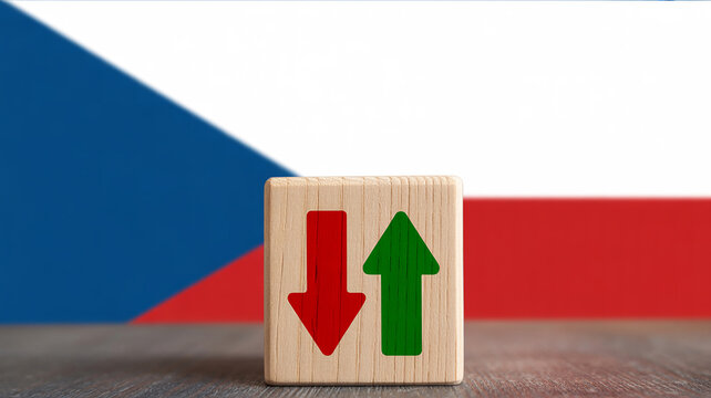 Wooden cube with red down arrow and green up arrow symbols in front of the Czech Republic flag