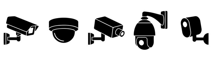 CCTV Camera Vector Pack of 5 – Wall-Mounted Security Silhouettes on png Background, CCTV camera, surveillance camera, security camera, wall-mounted camera, bullet camera, dome camera, box camera,  © TalalAhmad