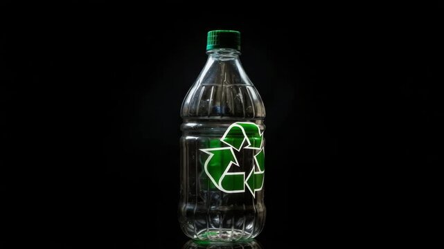 A clear plastic bottle featuring a prominent green recycling symbol, standing upright against a dark, minimalist background.