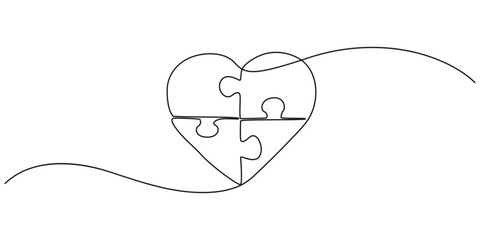 single continuous line drawing boy holding heart shaped 4 piece puzzle. Symbolic. Non verbal expression. Excessive affection. World Autism Awareness Day. 