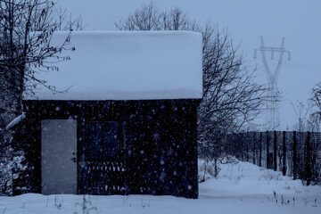 Mały dom w sadzie podczas wieczornej śnieżycy. Wieczorne niebo jest przyćmione, rzucając niebieskawy odcień. Dom otaczają nagie drzewa, z których wyraźnie spadają płatki śniegu. W tle słup elektryczny © Grzegorz
