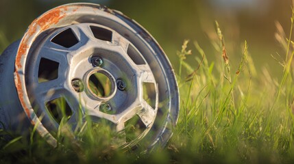 Single old metal hubcap discarded on green field, sunlight highlighting rust and depth of texture. social media visuals, lifestyle photography.