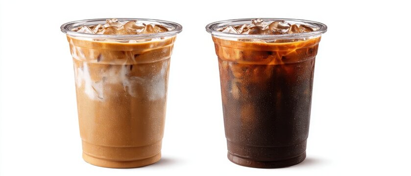 Elegant photo of Two refreshing iced coffee drinks, an iced latte and an iced black coffee, in clear plastic cups, isolated on white background .Made Genarative AI