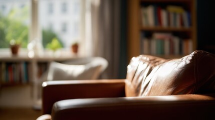 Sunlit study featuring a wide, deeply indented leather armchair, soft textures creating an inviting and cozy atmosphere. lifestyle photography.