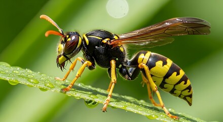 Yellow and black striped insect with transparent wings rests on a wet leaf.