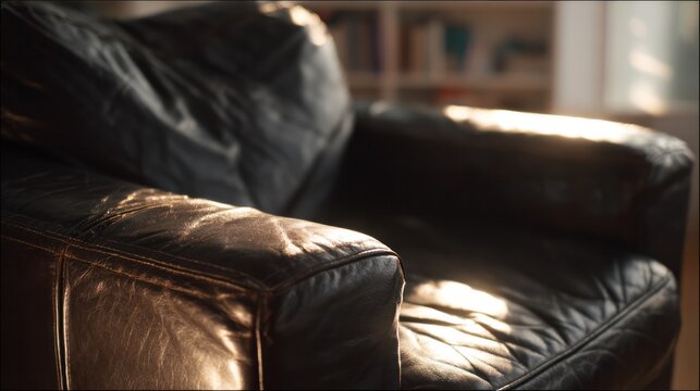 Soft leather armchair with indented design in bright afternoon light, offering a deeply cozy and welcoming study corner. interior design mockups.