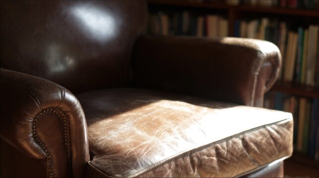 Wide leather armchair in a sunlit study, deeply indented cushions creating a cozy and inviting atmosphere. lifestyle visuals, social media content.