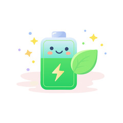 Eco Friendly Battery Illustration With Leaf And Renewable Energy Concept. Green Energy Battery Icon Cute Cartoon Charging Power Symbol