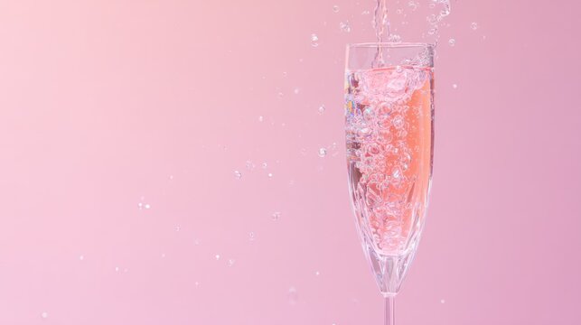 Luxury pink sparkling brut served in a slender champagne flute for festive celebrations. bar promotions, drink menus, designed for cafe branding and premium beverage packaging, used by UI designers.