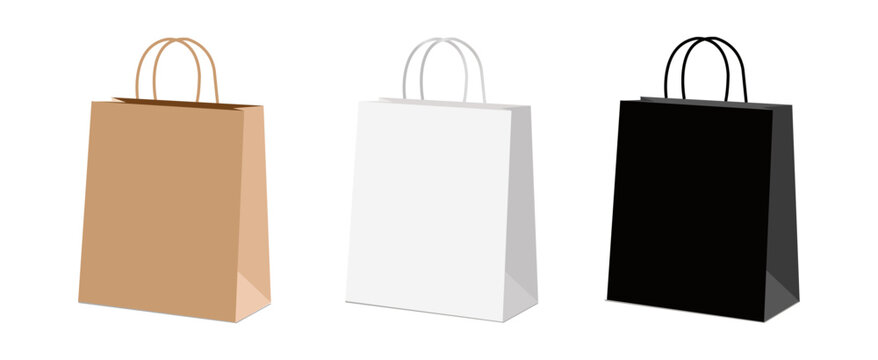 Realistic shopping bag mockups with craft paper packaging isolated on white background