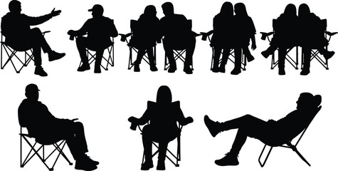 Black silhouettes of people sitting on folding camping chairs in relaxed poses isolated on white background outdoor leisure seating set
