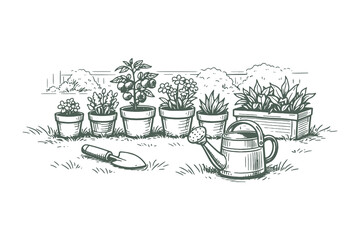 Vintage woodcut vector illustration of potted plants with a watering can and garden trowel, detailed black and white etching style gardening scene. © Chairul