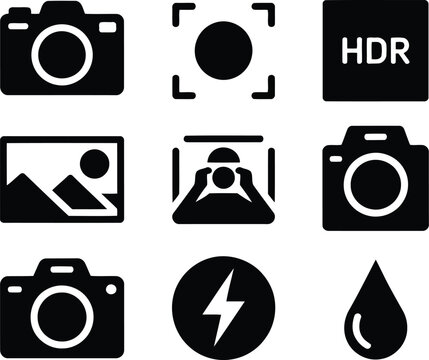 A collection of nine black glyphs illustrating various camera functionalities and image adjustment features