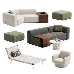 Collection of modern modular sofas ottomans accent chairs and chaise lounge in neutral tones featuring textured upholstery and wood accents perfect for contemporary living spaces.