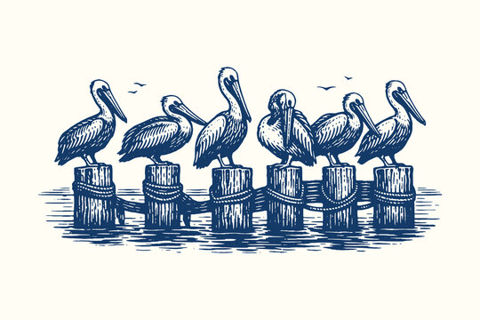 Vintage woodcut vector illustration of pelicans perched on wooden pier posts, detailed black and white etching style coastal bird marine artwork.