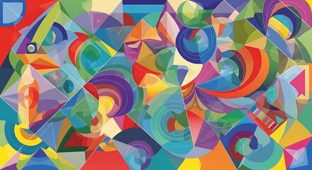 Vibrant abstract composition features colorful geometric shapes and flowing curves.