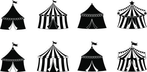 Set of black circus tent silhouettes including striped carnival big top icons for entertainment festival fairground and amusement park graphic design © rakib's world