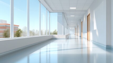 Bright modern office hallway with large windows and outdoor view