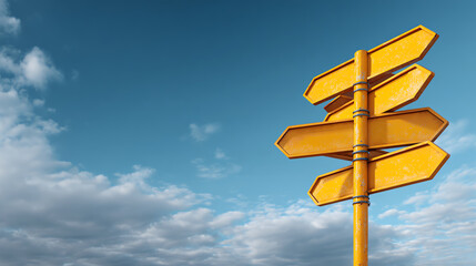 A vibrant yellow signpost against a clear blue sky, symbolizing direction and choices in travel.