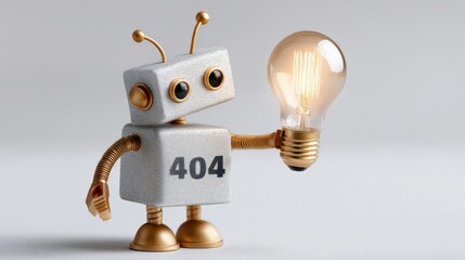 Cute robot holding lightbulb with error 404 code