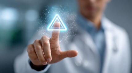 Male doctor interacting with futuristic holographic triangle interface