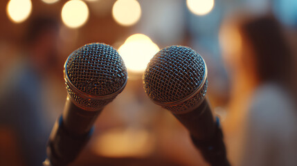 Obraz premium Close-up of two microphones ready for a performance in a lively atmosphere with blurred background lights.