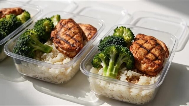 4K slow motion grilled chicken and broccoli meal prep containers video footage close up