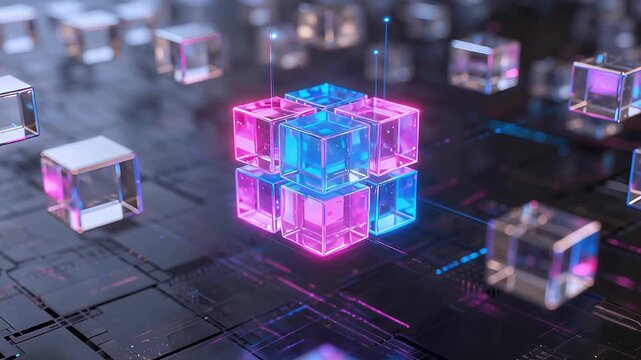 Futuristic Blockchain Data Cube Network with Glowing Nodes for Digital Technology and Cyber Innovation Concept
