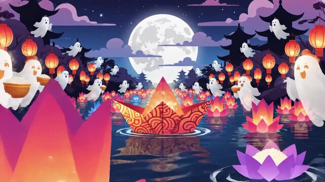 Enchanting Festival Scene with Ghosts and Lanterns Under Full Moon
