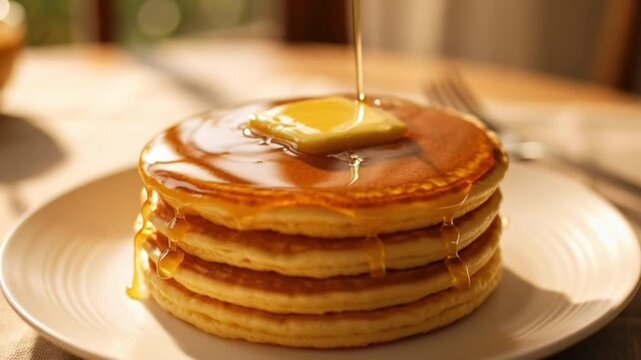 Slow motion golden honey drizzling on stack of fluffy pancakes 4k cinematic footage