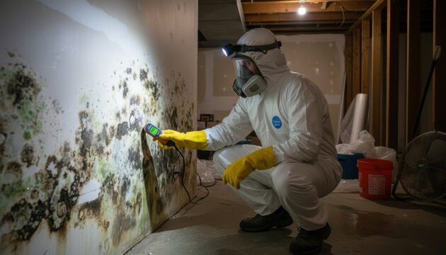 Caucasian male inspector in protective gear examining mold in basement with meter