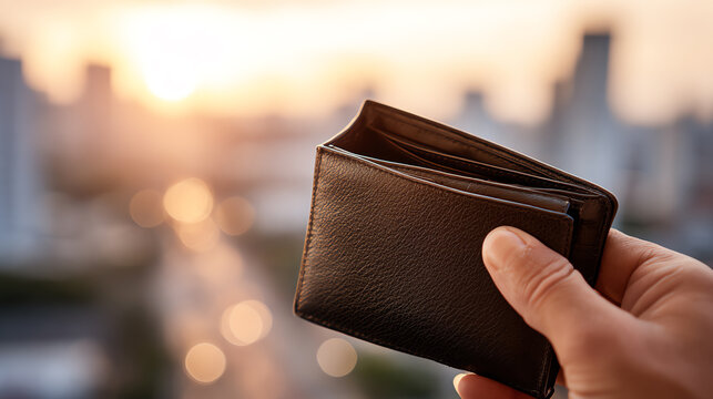 Hand holding a black wallet against a sunset background in a city, symbolizing finance and everyday life.