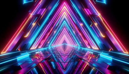 Vibrant neon tunnel of triangles and geometric shapes in blue, pink, and orange. Immersive 3D background for futuristic themes, gaming, or abstract motion.