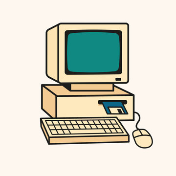 minimalist illustration of an old computer, cartoon, clipart, retro, technology, screen, mouse, keyboard, beige